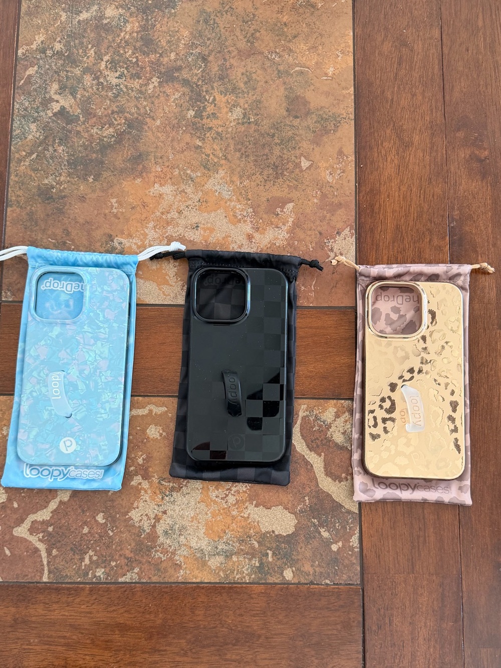 I-Phone 14 Pro Max Loopy Case Pack in Black Checked, Blue Opal, and Gold Leopard